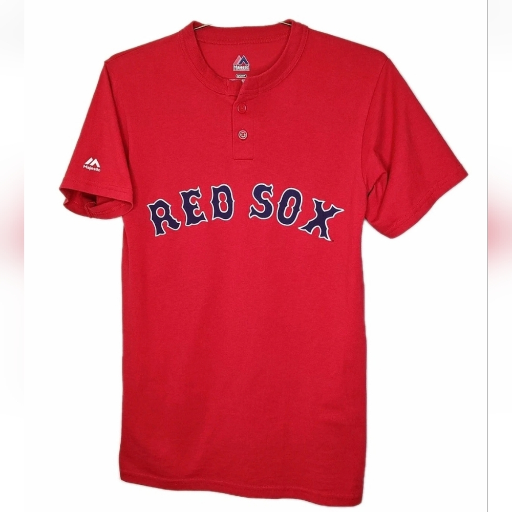 Vtg Boston Red Sox Henley Jersey T-shirt Adult Small Red Majestic Baseball Tee